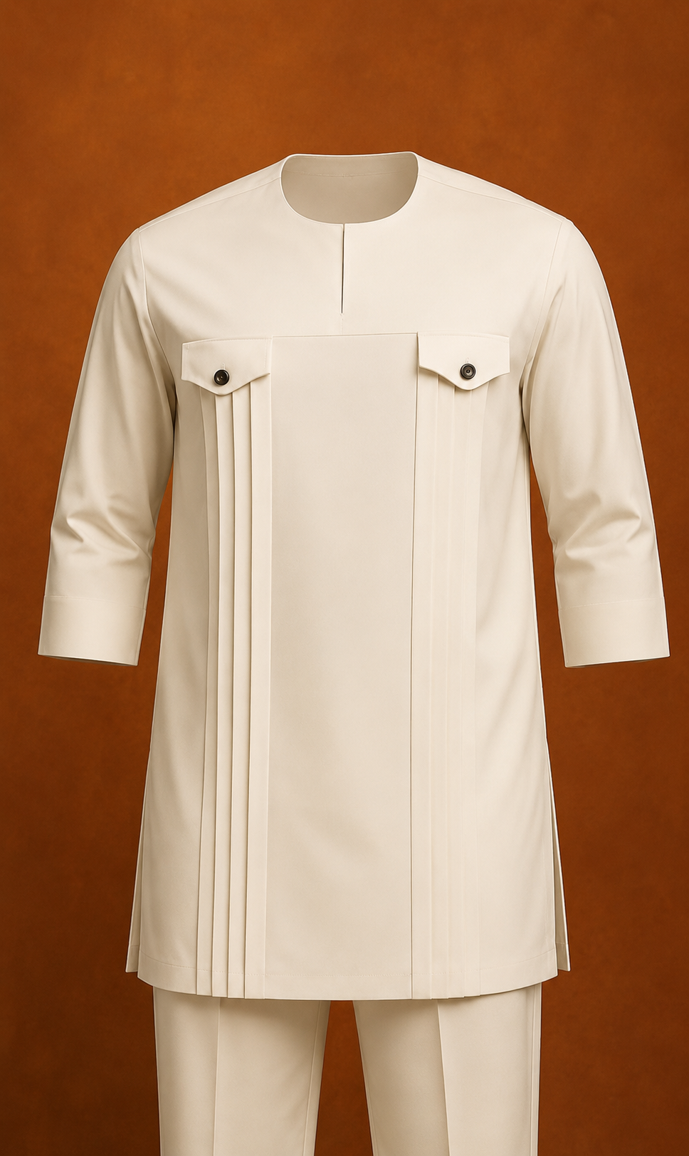 Men's Cream Pleated Kaftan & Trouser Set