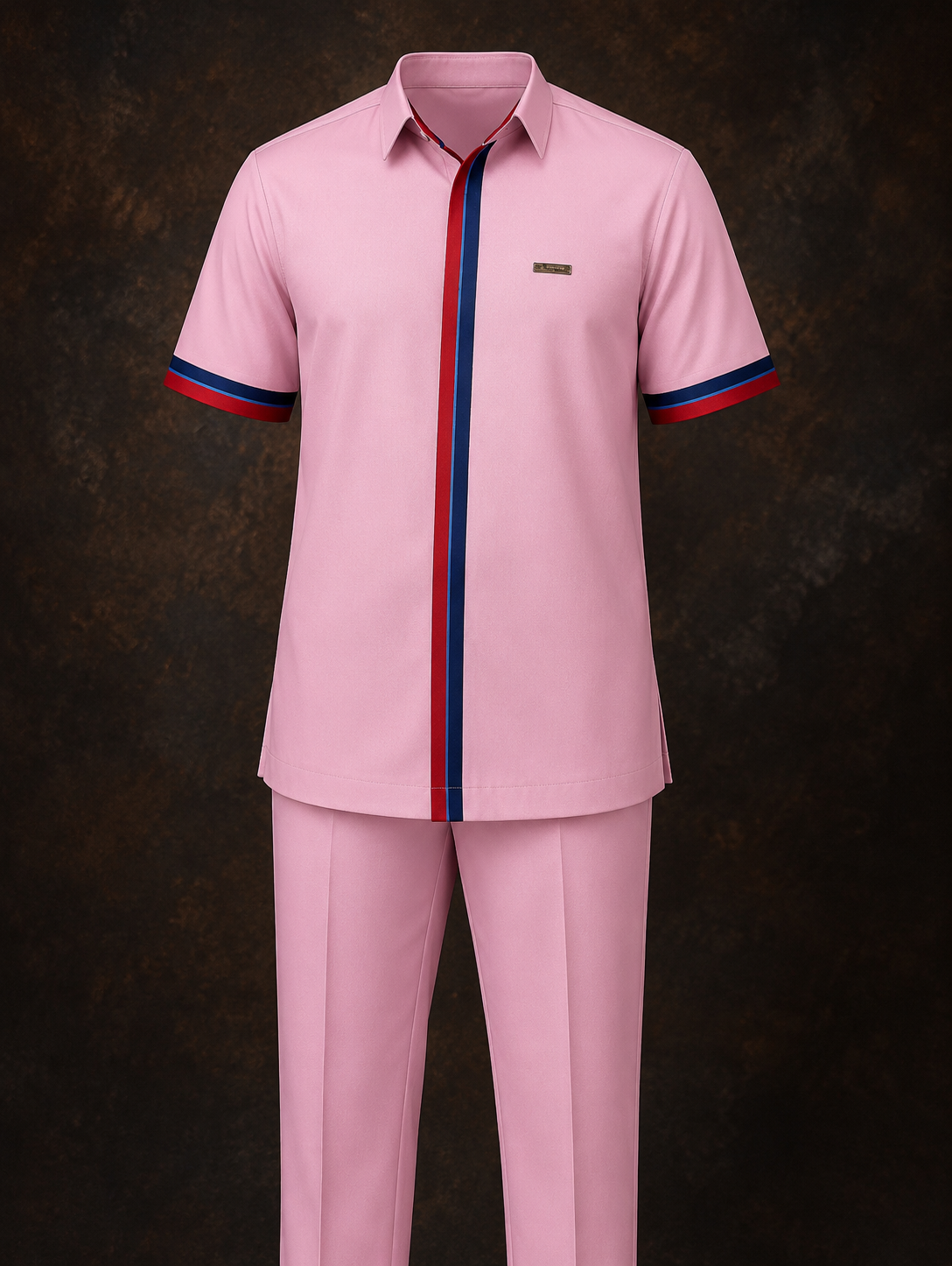 Men's Pink Short-Sleeve Shirt & Trouser Set with Red-Blue Stripe