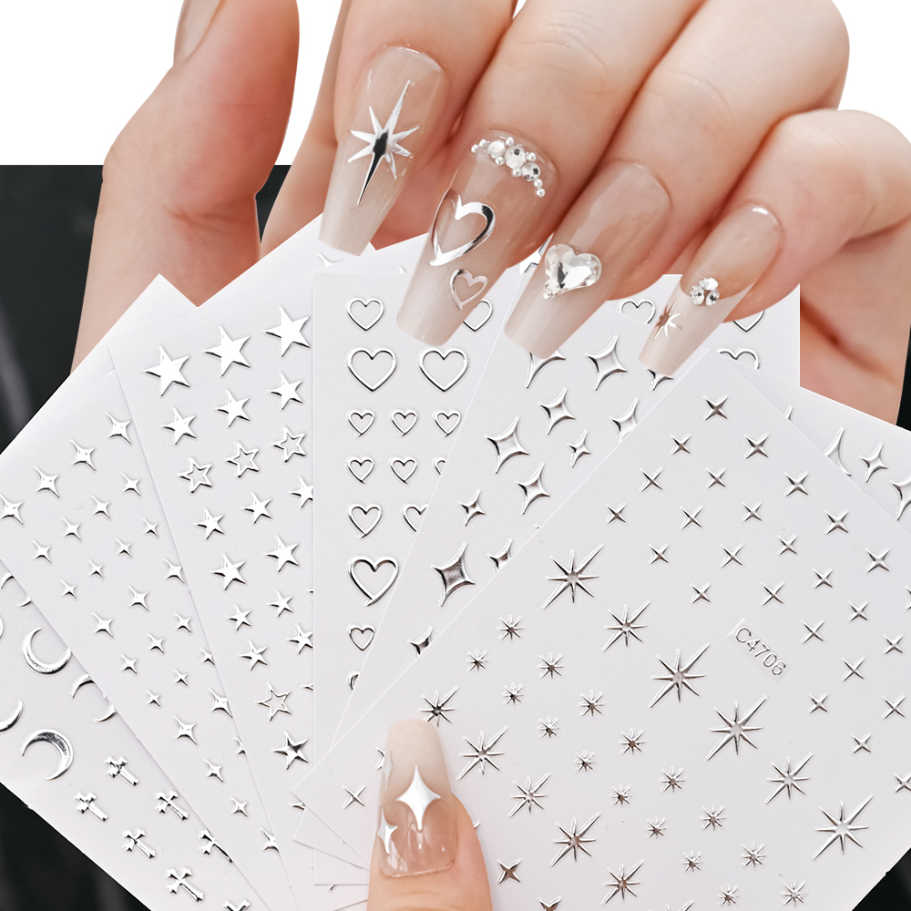 Silver 3D Nail Decal Stickers — Set of 6 Sheets