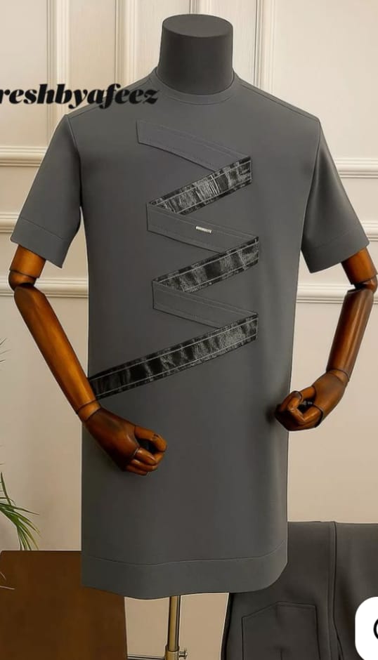 Men's Grey Zigzag Print-Trim Short-Sleeve Kaftan Set