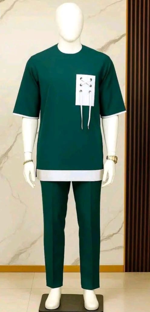Men's Green Lace-Up Pocket Short-Sleeve Shirt & Trouser Set