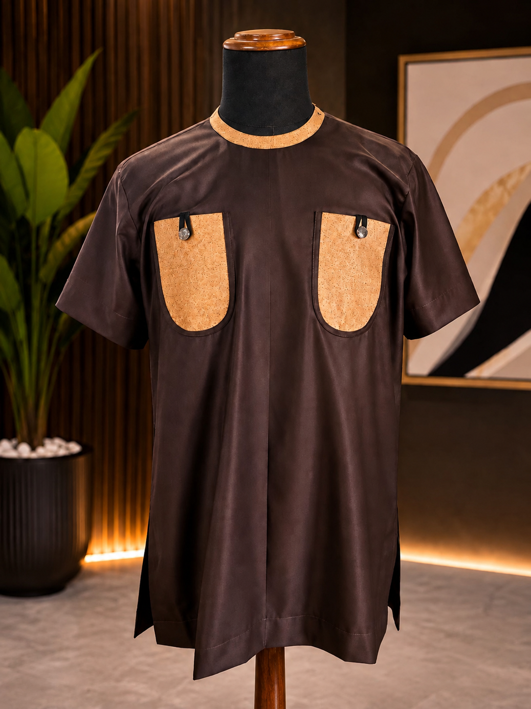 Men's Brown & Tan Cork-Pocket Short-Sleeve Kaftan