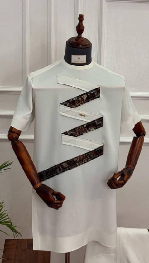 Men's Cream Zigzag Print-Trim Short-Sleeve Kaftan Set