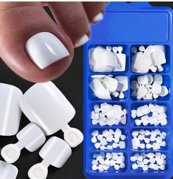 100pcs Glossy White False Toe Nails — Full Cover Acrylic Toenail Tips